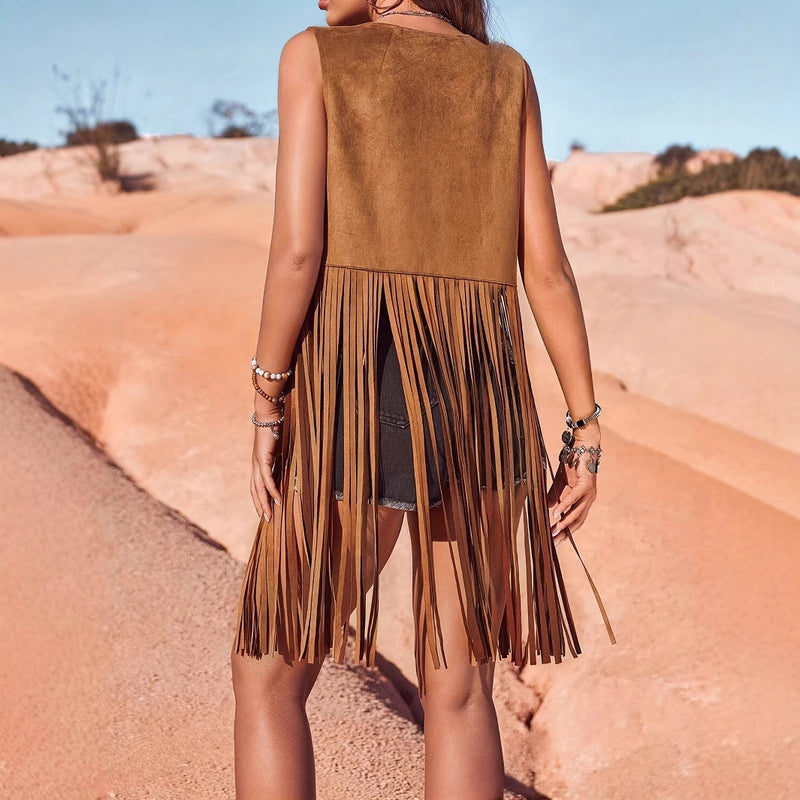 Women's Summer New Western Cowboy Style Suede Under The Skin With Fringe Hollowed Out Long Vest